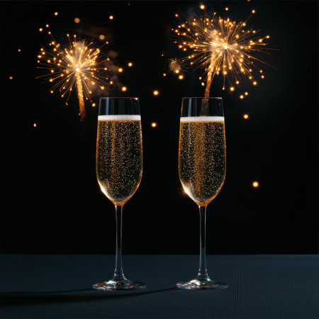 Cheers to Celebration with Sparkling Champagne Flutes and Fireworks in the Background Highlighting Joyous Moments and Festive Occasionsの素材