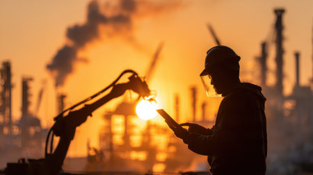 Worker Using Mobile Device in Industrial Setting During Sunset with Machinery and Smoke in Background Illustrating Modern Technology and Manufacturingの素材