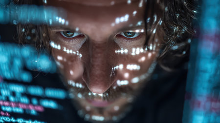 Close-Up of Intense Programmer Analyzing Complex Code Reflections on Face and Monitors in Dark Environment with Vibrant Digital Elementsの素材