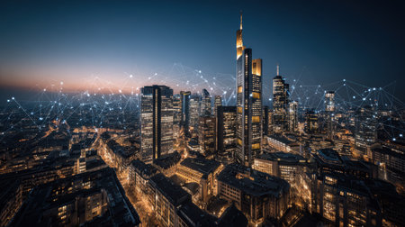 Stunning Aerial View of a Modern City Skyline at Dusk with Illuminated Buildings and Digital Connection Elements Highlighting Urban Technological Advancementの素材