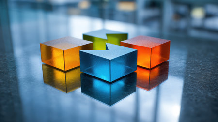 Colorful geometric shapes reflecting light on a smooth surface, showcasing modern design elements in an artistic composition for creative inspirationの素材