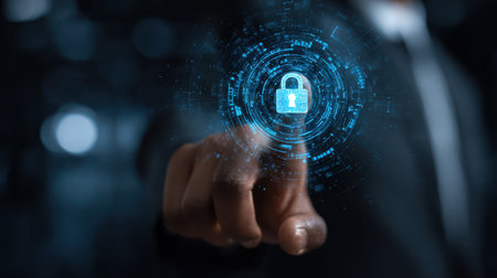 Digital security concept with virtual lock symbol and hand gesture illustrating cybersecurity and data protection in modern technology environmentの素材
