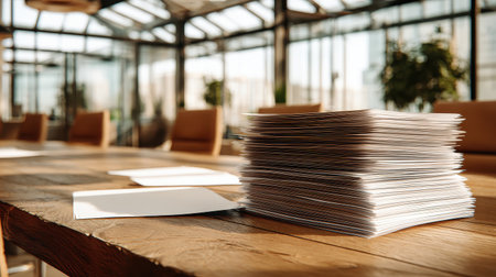 Stacked Paper Sheets on Wooden Table in Bright Modern Office Space with Natural Light and Green Plants for Professional Environment Useの素材