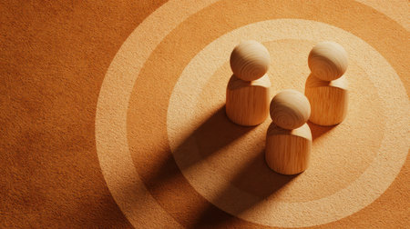 Three wooden figures arranged in a circular pattern on a warm brown surface with shadows and textured background for teamwork conceptの素材