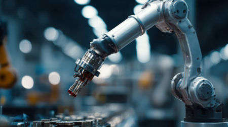 Industrial robotic arm working on assembly line in modern manufacturing facility with bright lighting and blurred background details showcasing automation technologyの素材