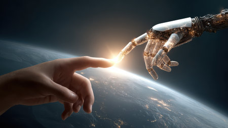 Human and Robot Interaction Symbolizing Connection and Innovation Amidst Cosmic Background with Earth Below and Light Source Imageryの素材