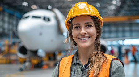Confident female worker in safety gear smiling at airplane hangar, ready for aircraft maintenance, showcasing professionalism and teamwork in aviation industryの素材