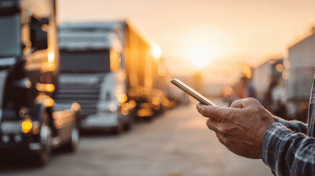 Person using smartphone in front of trucks at sunset, capturing the essence of transport and logistics in a busy trucking environmentの素材