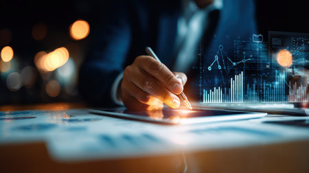 Business professional using digital tablet for data analysis with graphics and charts overlay, illustrating technology and innovation in finance and marketingの素材