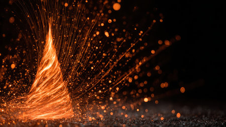 Dynamic Burst of Orange Sparks and Flames Rising from a Dark Surface in a Captivating Display of Light and Motion for Creative Useの素材