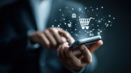 Business Professional Using Smartphone with Digital Shopping Cart and E-commerce Icons, Representing Online Shopping Concept in Modern Technologyの素材