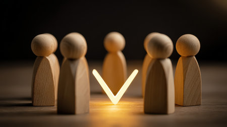 Wooden figures gathered in a circle with glowing light symbolizing collaboration, connection, and teamwork in a minimalist settingの素材