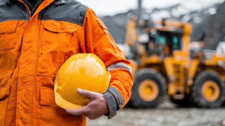 Construction Worker in Bright Orange Jacket Holding Yellow Hard Hat on Job Site with Heavy Machinery in Background in Blurred Focusの素材