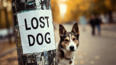 Lost Dog Notice on Street Pole with Dog in Background, Urban Scene Surrounded by Autumn Leaves and Passersby in Soft Focusの素材