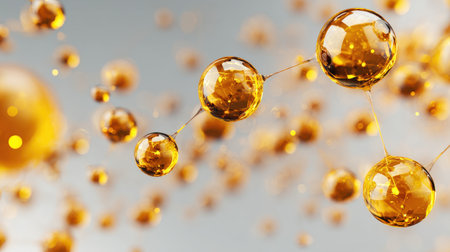 Close-up of Golden Droplets in Motion with Abstract Background and Bokeh Effect Representing Science and Innovation in a Stunning Visual Displayの素材