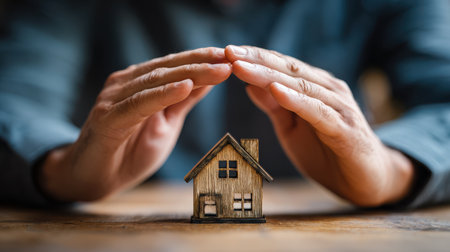 Hands Protecting Small Wooden House Model Symbolizing Home Security, Safety, Real Estate Investment, and Personal Shelter in an Intimate Settingの素材