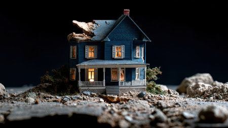 Tiny Model House on Cracked Ground at Night with Lights Illuminating Inside Depicting a Scene of Destruction and Abandonmentの素材