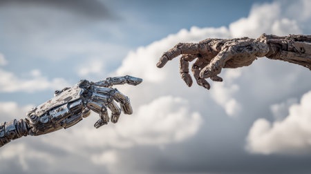 The Intersection of Humanity and Technology: A Close-Up of Robot Hands Reaching Towards Each Other Against a Dramatic Cloudy Sky Backgroundの素材