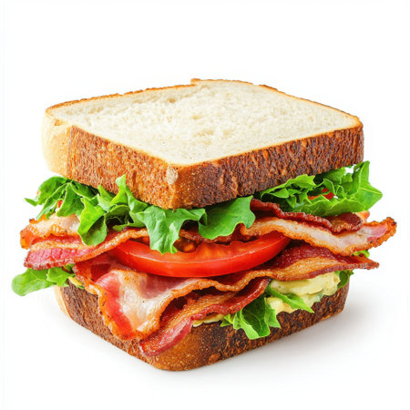Delicious Bacon Sandwich with Fresh Lettuce and Tomato on Artisan Bread, Perfect for Gourmet Food Lovers and Culinary Photographyの素材