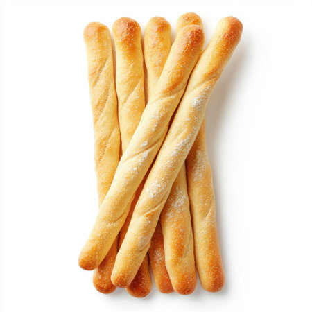 Freshly Baked Breadsticks Stacked in a Delicious Arrangement on White Background for Culinary and Food Photography Needsの素材