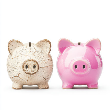 Comparison of Two Piggy Banks: A Cracked White Bank and a Bright Pink Glossy Bank Symbolizing Financial Choices and Savings Strategiesの素材