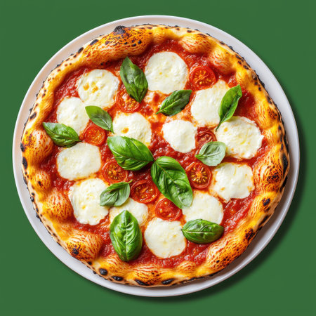 Delicious Margherita Pizza with Fresh Basil and Cherry Tomatoes on Green Background, Perfect for Culinary and Food Photographyの素材