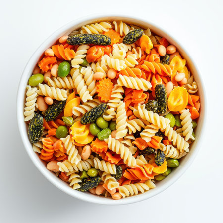 Colorful and Vibrant Bowl of Mixed Pasta with Assorted Shapes and Ingredients Displaying Freshness and Wholesome Appeal in a Minimalist Settingの素材