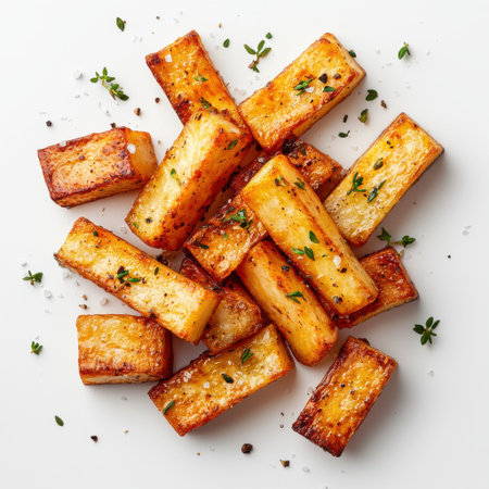 Crispy Roasted Root Vegetables with Fresh Herbs and Sea Salt on a White Background for Culinary Inspiration and Healthy Eating Promotionの素材