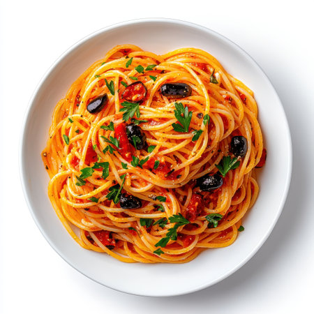 Delicious spaghetti pasta topped with fresh parsley, black olives, and vibrant tomato sauce in a white bowl, perfect for food lovers and chefs alikeの素材