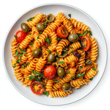 Delicious Spiral Pasta Dish with Cherry Tomatoes, Green Olives, and Fresh Herbs Perfect for Italian Cuisine Lovers and Healthy Meal Enthusiastsの素材