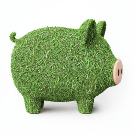 Cute and Creative Green Grass Piggy Bank Sculpture for Eco-Friendly Savings, Nature Inspired, Eco-Conscious Concept, Savings and Finance Representationの素材
