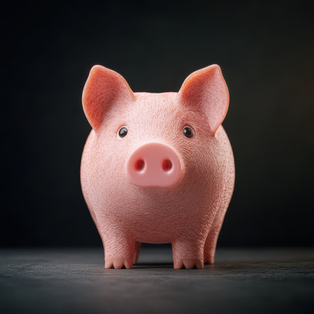 Cute pink piggy bank on a dark background, symbolizing savings, finance, and budgeting concepts for personal finance management and investment growthの素材