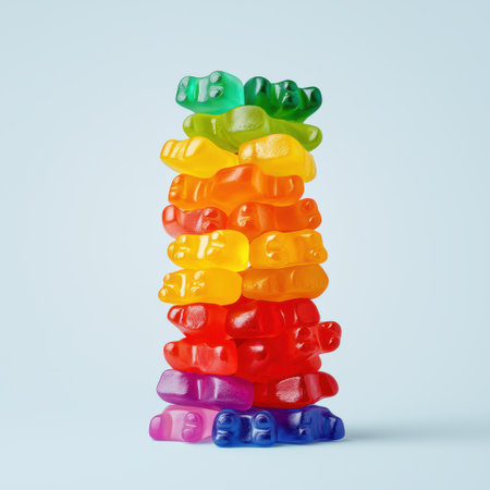 Colorful Tower of Gummy Bears Stacked Against Soft Blue Background, Vibrant Confectionery Arrangement for Playful Designs and Creative Projectsの素材