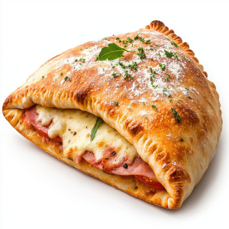 Golden Brown Calzone Stuffed with Cheese, Ham, and Aromatic Herbs on a White Background Perfect for Culinary and Food Photographyの素材