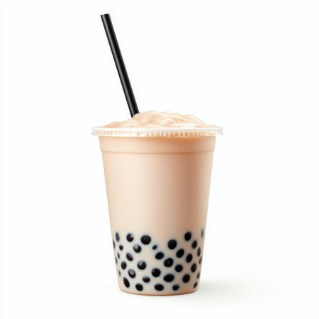 Creamy bubble tea drink in a clear plastic cup featuring black tapioca pearls and a black straw against a white background for food marketingの素材