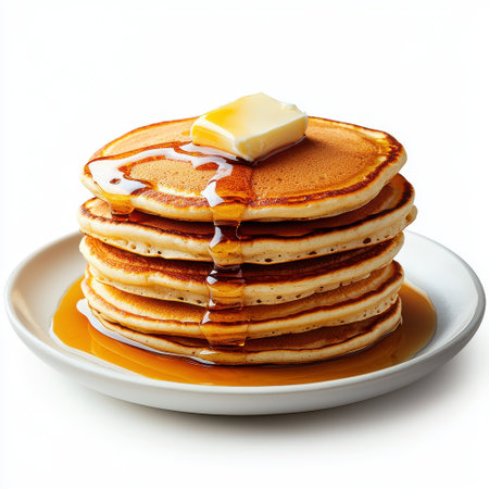 Stack of fluffy golden pancakes topped with butter and drizzled with rich maple syrup on a white plate, perfect for breakfast or brunch ideasの素材
