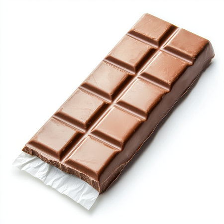 Rich and Creamy Milk Chocolate Bar Perfectly Wrapped and Ready for Indulgence in a Clean, Minimalistic Presentation on a White Backgroundの素材