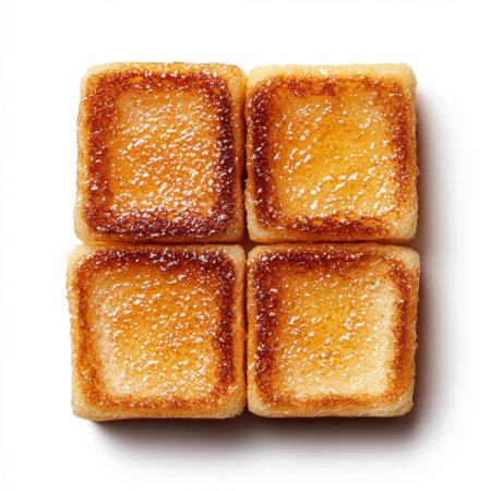Golden Brown Toasted Squares with Glazed Sugar Crust on a Plain White Background for Culinary and Food Photography Useの素材