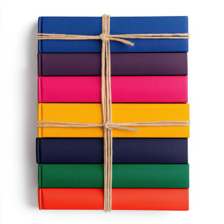 Stacked Colorful Books Wrapped with String on a White Background for Educational and Creative Conceptsの素材