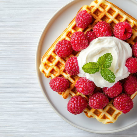 Freshly Baked Waffle Topped with Whipped Cream, Raspberries, and Mint Leaves on a Decorative Plate against a Light Backgroundの素材