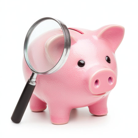 Close-up View of a Pink Piggy Bank with a Magnifying Glass on a White Background for Financial Savings and Budgeting Conceptsの素材