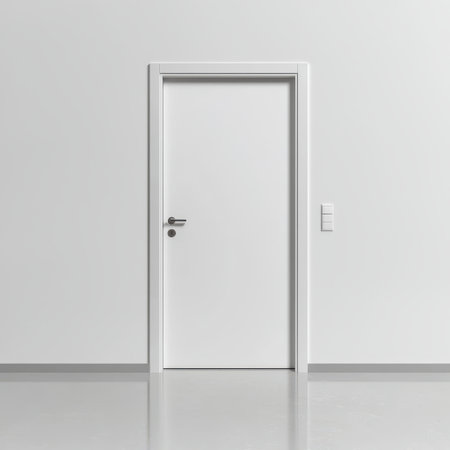 Modern Minimalist Interior with White Door, Clean Lines, and Soft Gray Wall, Ideal for Contemporary Design and Architectural Photographyの素材