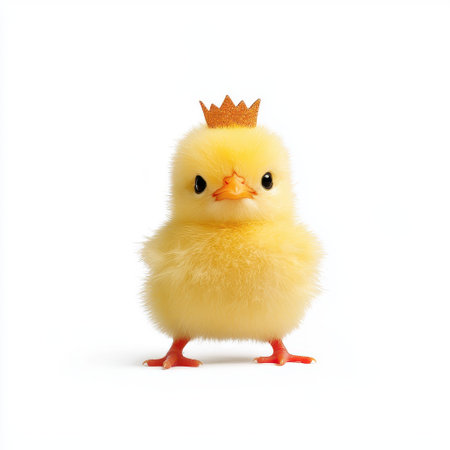 Adorable yellow chick wearing a golden crown, symbolizing royalty and cuteness, with fluffy feathers and bright eyes, perfect for pet and animal themesの素材