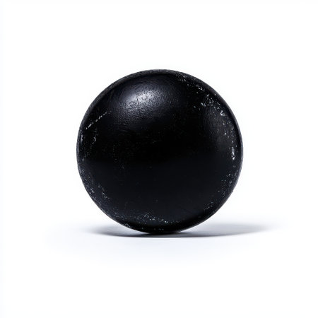 Round black object on a light background casting a soft shadow, showcasing texture and simplicity, suitable for various abstract and artistic themesの素材