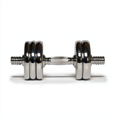 Shiny chrome dumbbell on a white background perfect for sports fitness equipment and gym training, ideal for physical fitness branding and promotionsの素材