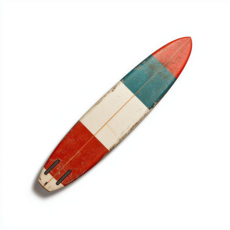 Vintage Surfboard with Distressed Colors and Classic Design on White Background Perfect for Summer Beach and Ocean Lifestyle Photographyの素材
