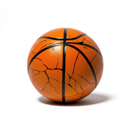 Detailed Close-Up of a Worn Basketball with Cracks and Distressed Texture on White Backgroundの素材