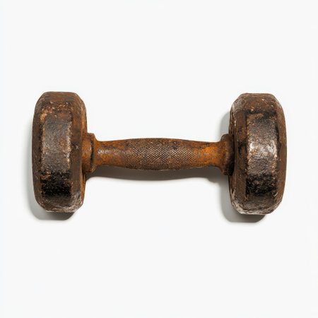 Old Rusty Dumbbell on White Background, Vintage Weight Equipment for Fitness and Strength Training, Isolated Dumbbell with Wear and Tearの素材