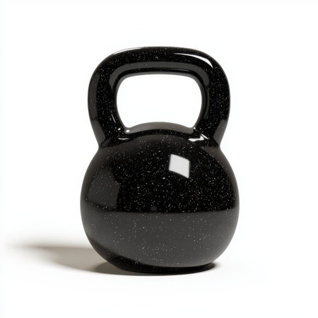 Glossy Black Kettlebell with Sparkles on White Background for Fitness and Strength Training Lifestyle, Isolated Equipment for Home Gym Useの素材
