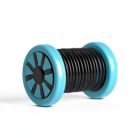 Colorful plastic wheel with a spool of black wire against a simple white background, perfect for creative and industrial design conceptsの素材